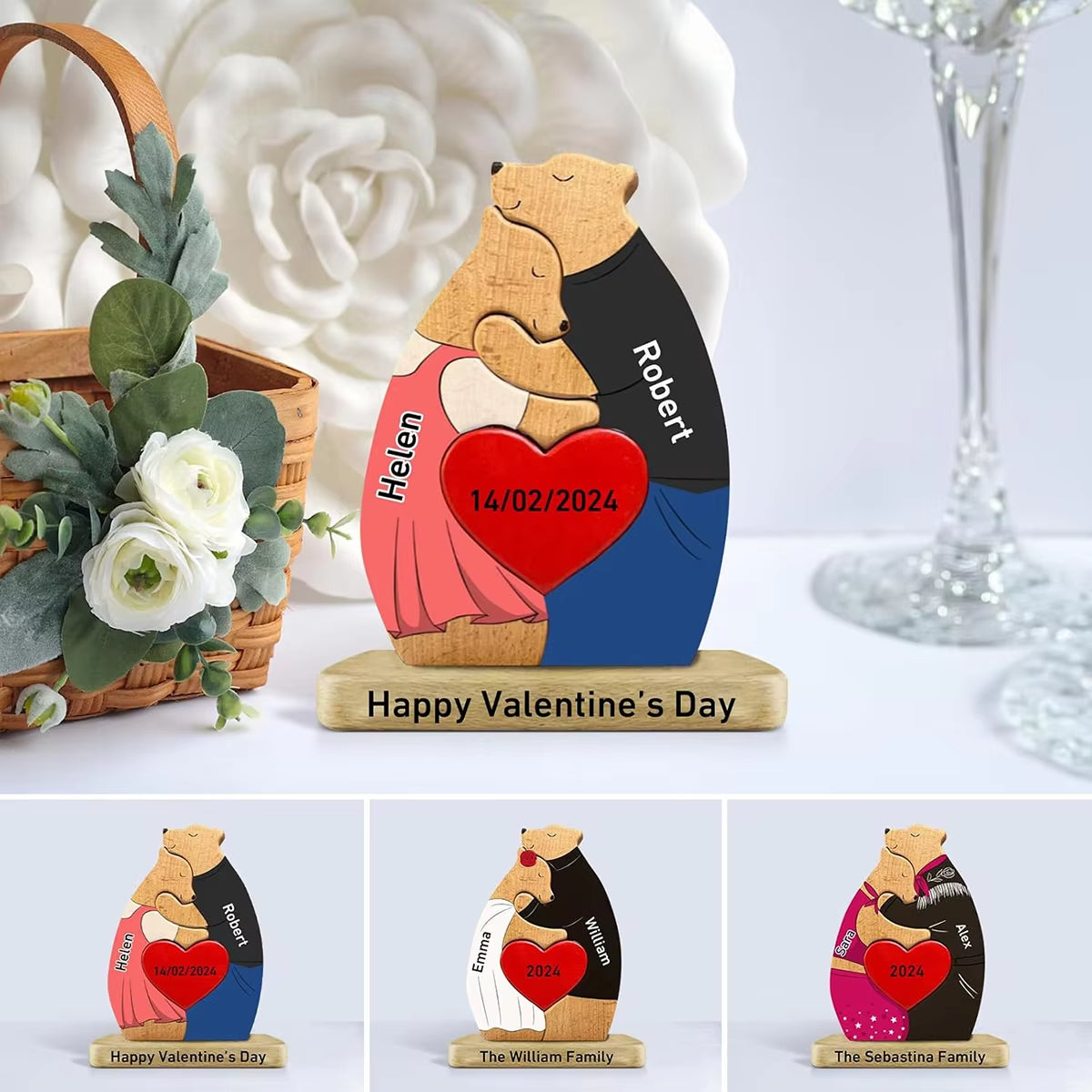 Personalized Wooden Couple Bears Puzzle With Name Custom Valentine's Day Gift