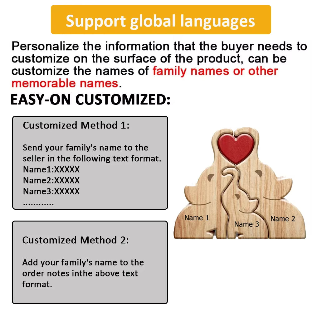 Personalized Wooden Elephant Puzzle Family Wood Animal Sculpture Puzzle
