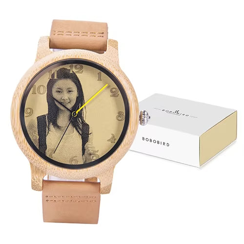 Ultra-High Precision Laser Photo Wood Watch Genuine Leather Strap Customize Unique Christmas Gift