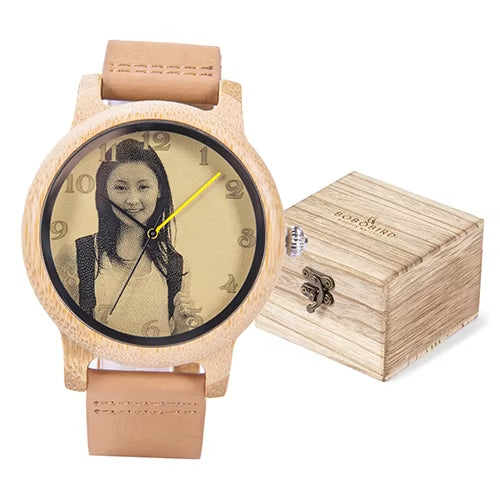 Ultra-High Precision Laser Photo Wood Watch Genuine Leather Strap Customize Unique Christmas Gift