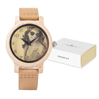 Ultra-High Precision Laser Photo Wood Watch Genuine Leather Strap Customize Unique Christmas Gift