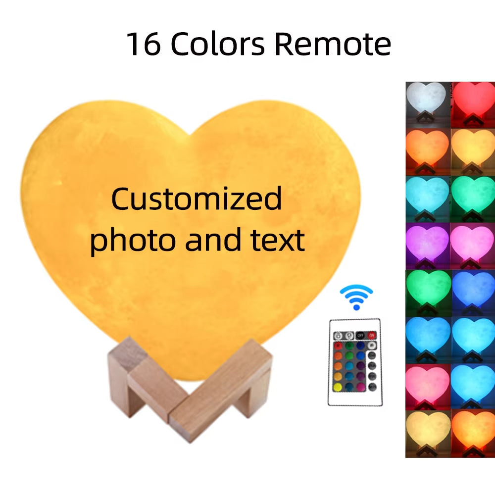 Heart Shape 3D Printed Moon Lamp Customized Photo Text Night Light