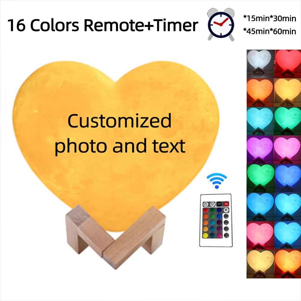 Heart Shape 3D Printed Moon Lamp Customized Photo Text Night Light