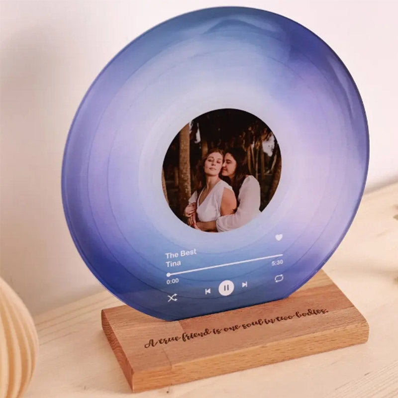 Personalized Photo Vinyl Record Style Night Light With Wooden Base
