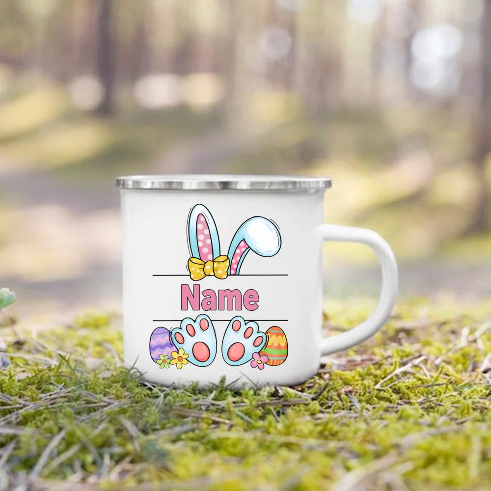 Personalized Bunny Easter Enamel Mugs Custom Name Kids Cocoa Chocolate Sibling Mug