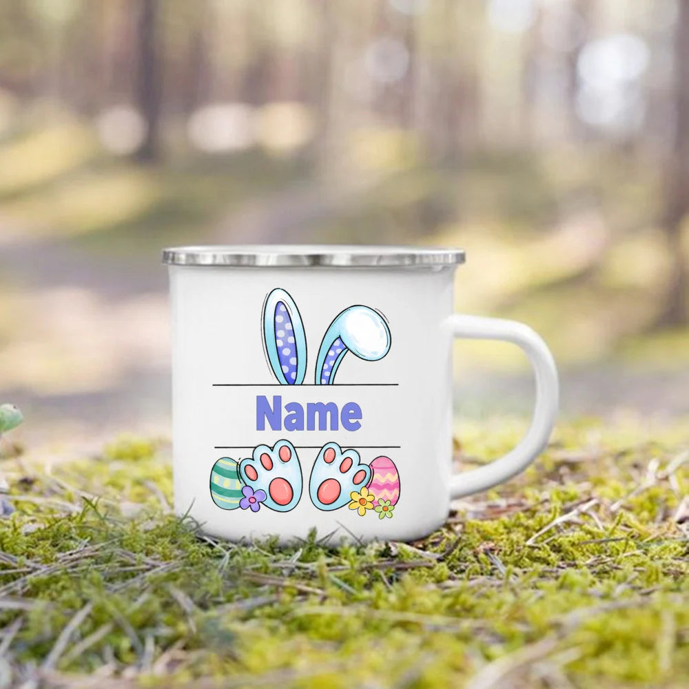 Personalized Bunny Easter Enamel Mugs Custom Name Kids Cocoa Chocolate Sibling Mug