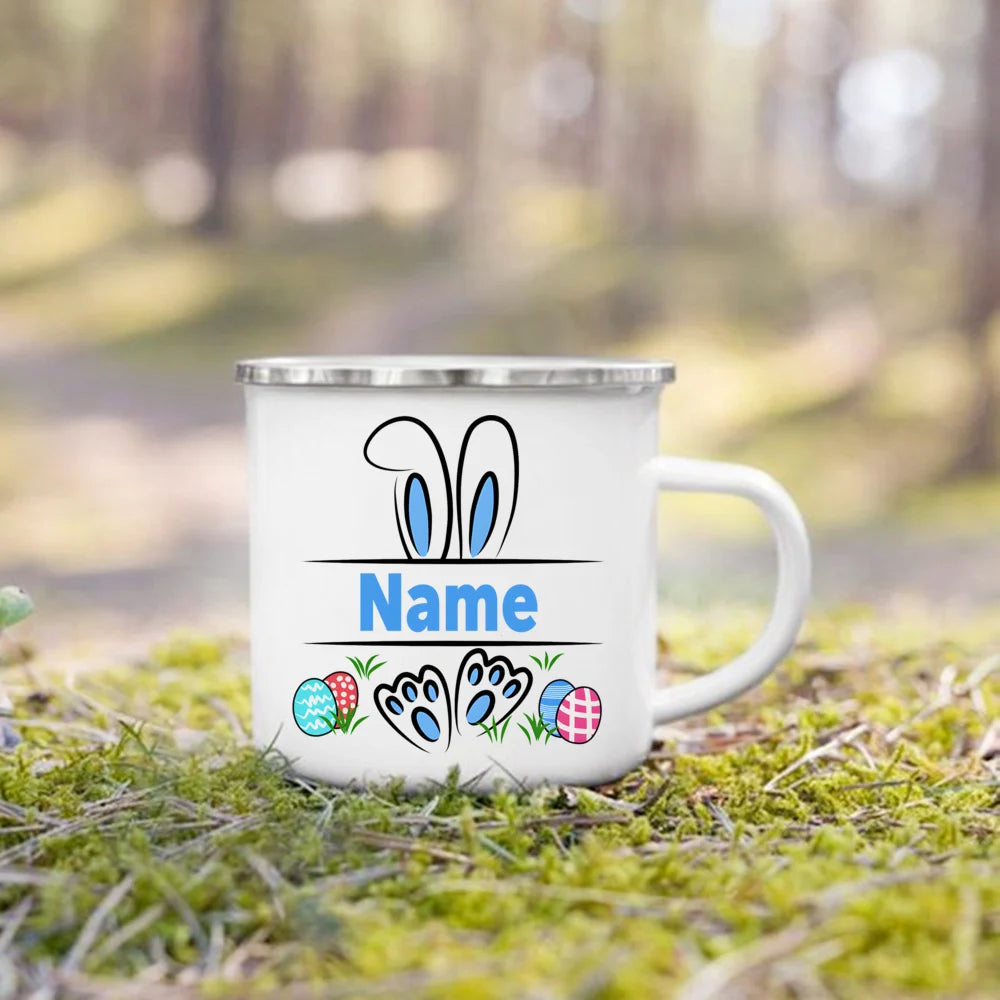 Personalized Bunny Easter Enamel Mugs Custom Name Kids Cocoa Chocolate Sibling Mug