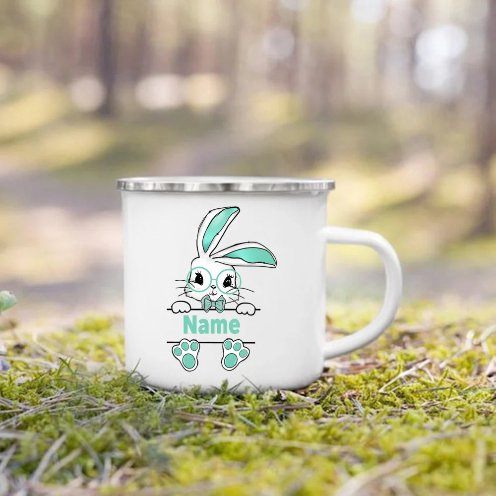 Personalized Bunny Easter Enamel Mugs Custom Name Kids Cocoa Chocolate Sibling Mug