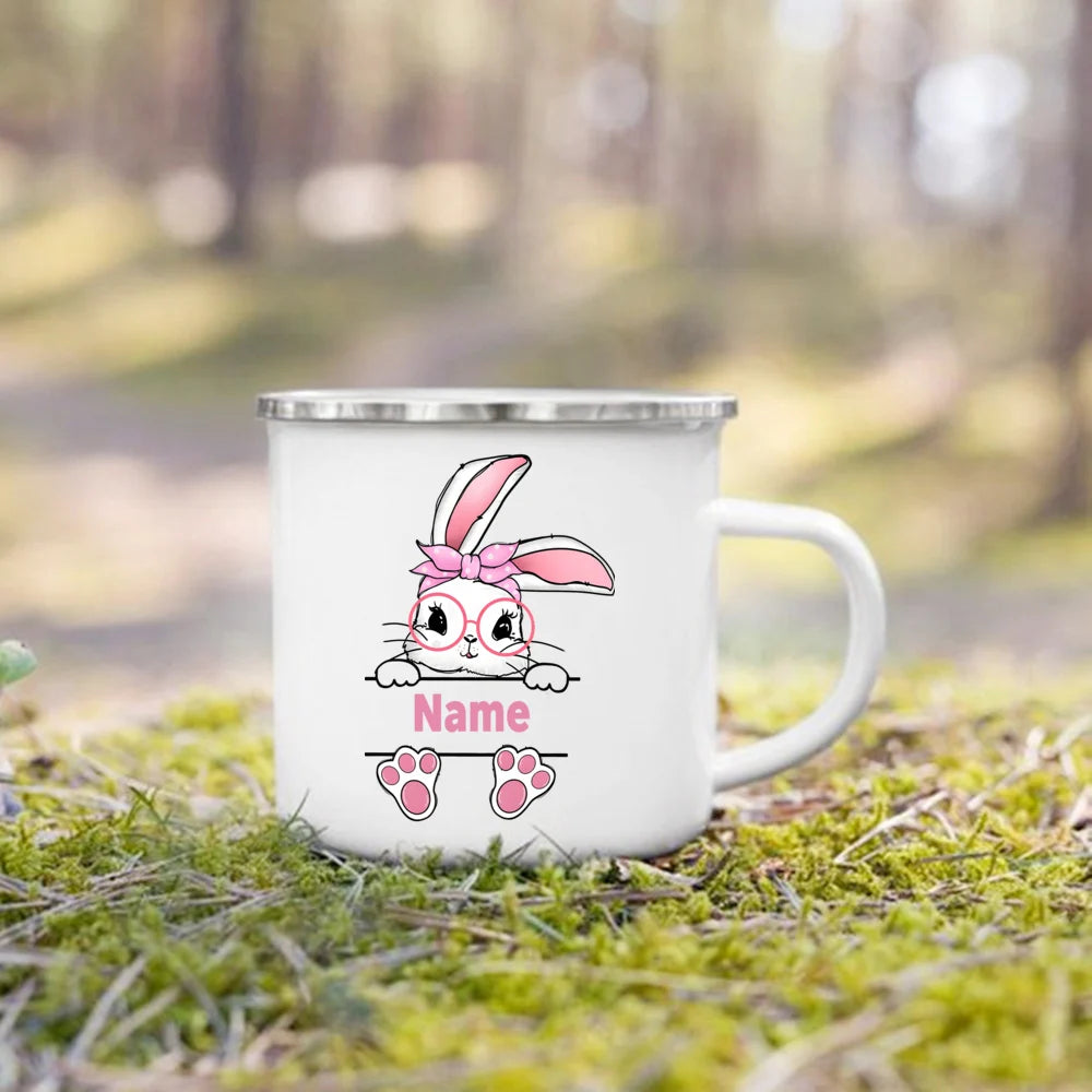 Personalized Bunny Easter Enamel Mugs Custom Name Kids Cocoa Chocolate Sibling Mug