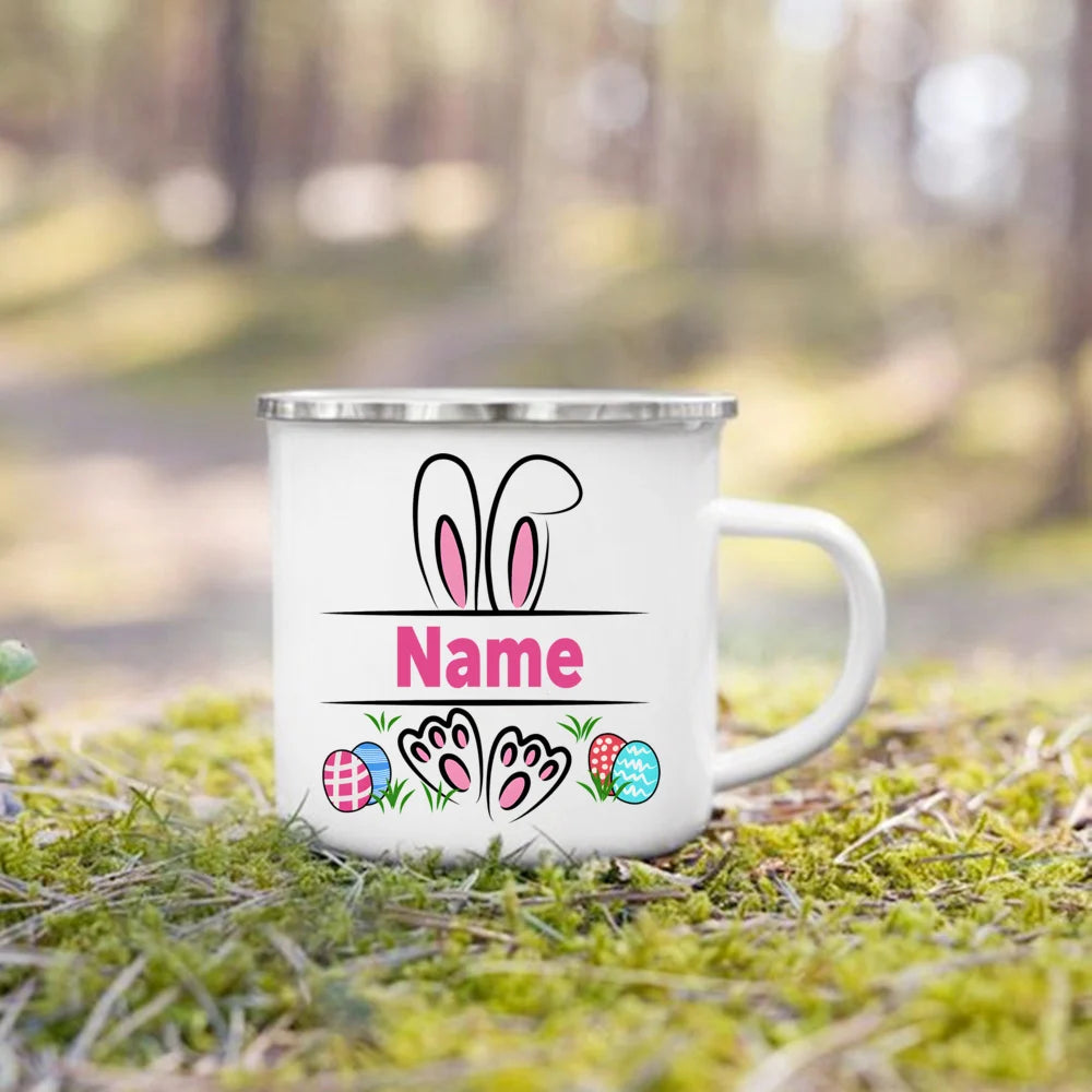 Personalized Bunny Easter Enamel Mugs Custom Name Kids Cocoa Chocolate Sibling Mug