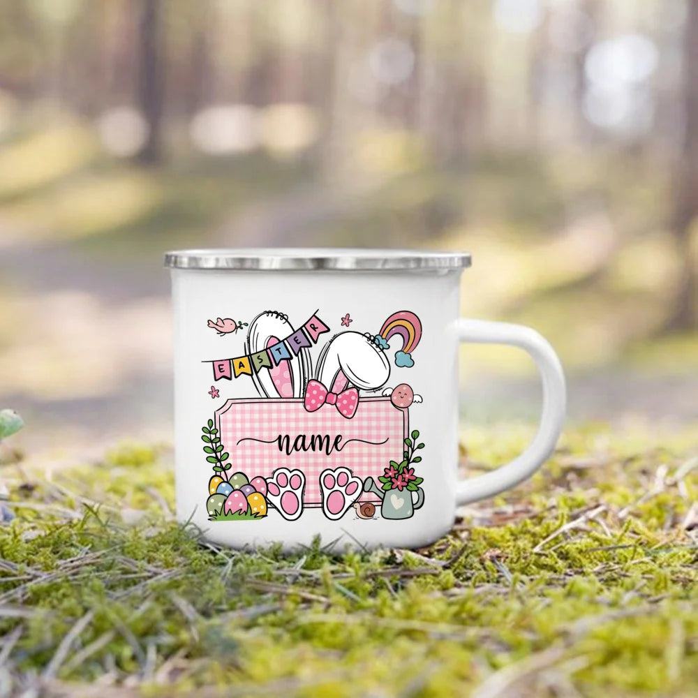 Personalized Bunny Easter Enamel Mugs Custom Name Kids Cocoa Chocolate Sibling Mug