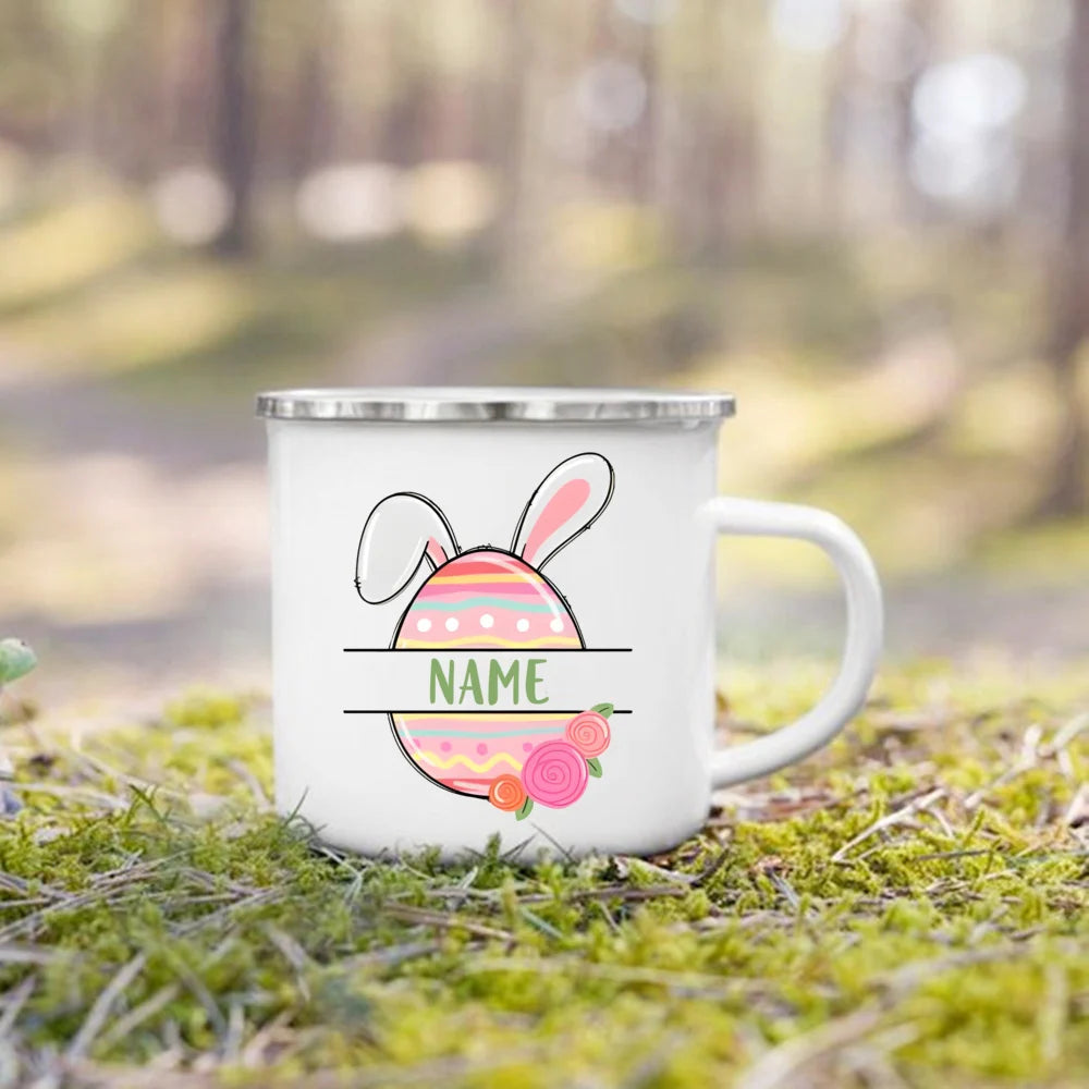 Personalized Bunny Easter Enamel Mugs Custom Name Kids Cocoa Chocolate Sibling Mug