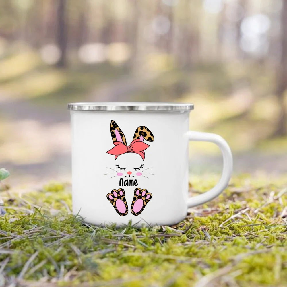 Personalized Bunny Easter Enamel Mugs Custom Name Kids Cocoa Chocolate Sibling Mug