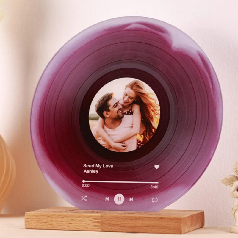 Personalized Photo Vinyl Record Style Night Light With Wooden Base
